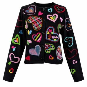 Michael Simon Vintage Heart Motif Embroidered Black Cardigan